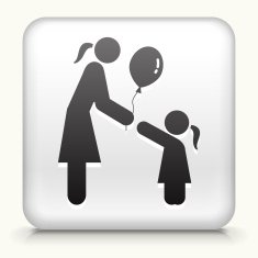White Square Button with Woman Giving Balloon to a Girl