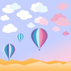 Vector illustration hot air balloons fly in the sunset sky