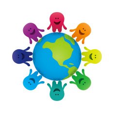 Cartoon characters holding hands around the Earth