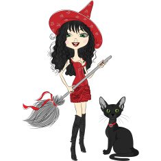 Beautiful girl witch with a broom and black cat