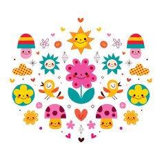 cute cartoon mushrooms flowers hearts & birds nature illustration