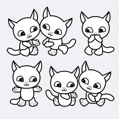 set of cartoon cute little cats black and white