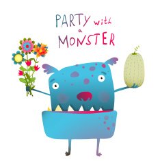 Cute and Funny Monster with Bunch of Flowers Fruit Congratulating
