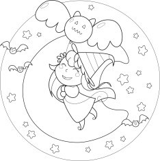 Coloring Halloween flying witch with balloon