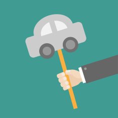 Businessman hand holding paper car on the stick Flat design
