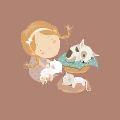Cute girl with funny kittens and puppy