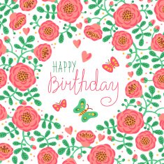 Vintage card Happy Birthday with cute flowers and butterflies
