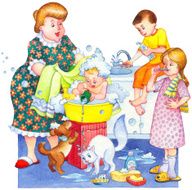 Watercolor illustration Family washes in bathroom N2