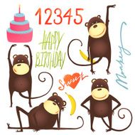 Monkey Fun Cartoon in Poses with Birthday Lettering