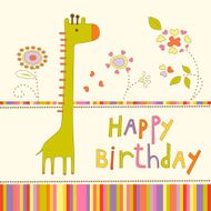 Colorful Baby happy birthday background with giraffe and flowers