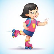 Little asian girl rides on roller skates