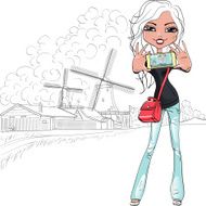 Hipster girl makes selfie on windmills in Holland