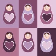 Seamless pattern Russian dolls matryoshka with hearts on purple background