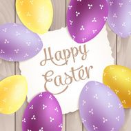 Easter poster with colorful eggs on wood background N2