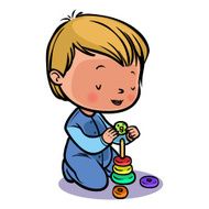 Funny cute cartoon baby collects a pyramid Vector illustration