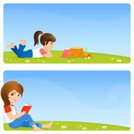 simple banners with cute small girls reading books