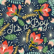 Baby Boy announcement card with floral background on blue background