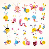 cute butterflies beetles snails set