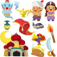 cartoon Aladdin&#039;s lamp story icon set