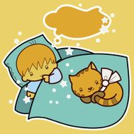 cartoon boy sleeping in bed with cat