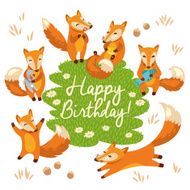 Happy birthday card with littlr foxes in cartoon style