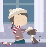 little girl dressing her cat