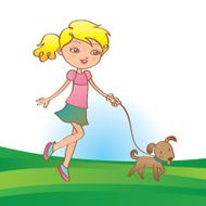 Girl walking her little dog