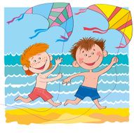 Children &amp; kite Cheerful children-boys on beach-illustration