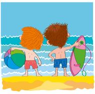 Cheerful children-boys on beach-illustration N2