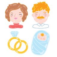 Cartoon young family Mother father baby