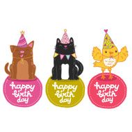 Happy Birthday labels with cat dog and bird