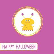 Cute cartoon yellow monster girl Violet background Happy Hallo