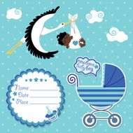 Baby shower card invitation scrapbook with stork and mulatto boy
