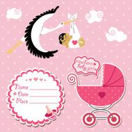 Baby shower card invitation scrapbook with stork and Asian girl