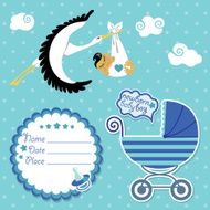 Baby shower card invitation scrapbook with stork and Asian boy