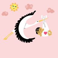 Stork with Asian newborn baby girl flying in sky