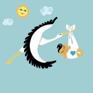 Stork with Asian newborn baby boy flying in sky