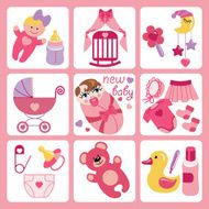 Cute cartoons icons for European newborn baby girl