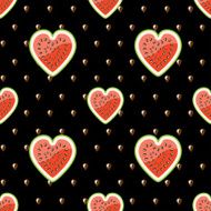 Halves watermelon and seeds on black background Seamless pattern