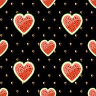 Halves watermelon and seeds on black background Seamless pattern