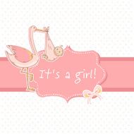 Cute baby girl announcement card with stork and child N2