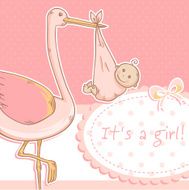 Cute baby girl announcement card with stork and child N3