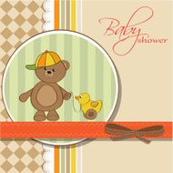 welcome baby card with boy teddy bear and his duck N2