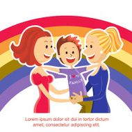 Young lesbian couple family with son on rainbow symbol