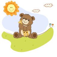 childish greeting card with teddy bear and his toy N9