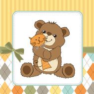 childish greeting card with teddy bear and his toy N10