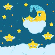 Cute moon on the clouds surrounded by stars with wings