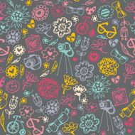 Multicolored seamless pattern with fashionable things Heart flower bike camera N2