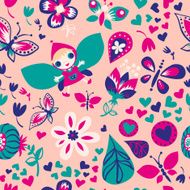 Seamless colorful floral pattern with cute girl
