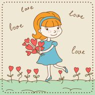 Vintage Valentine&#039;s day card of girl with hearts
